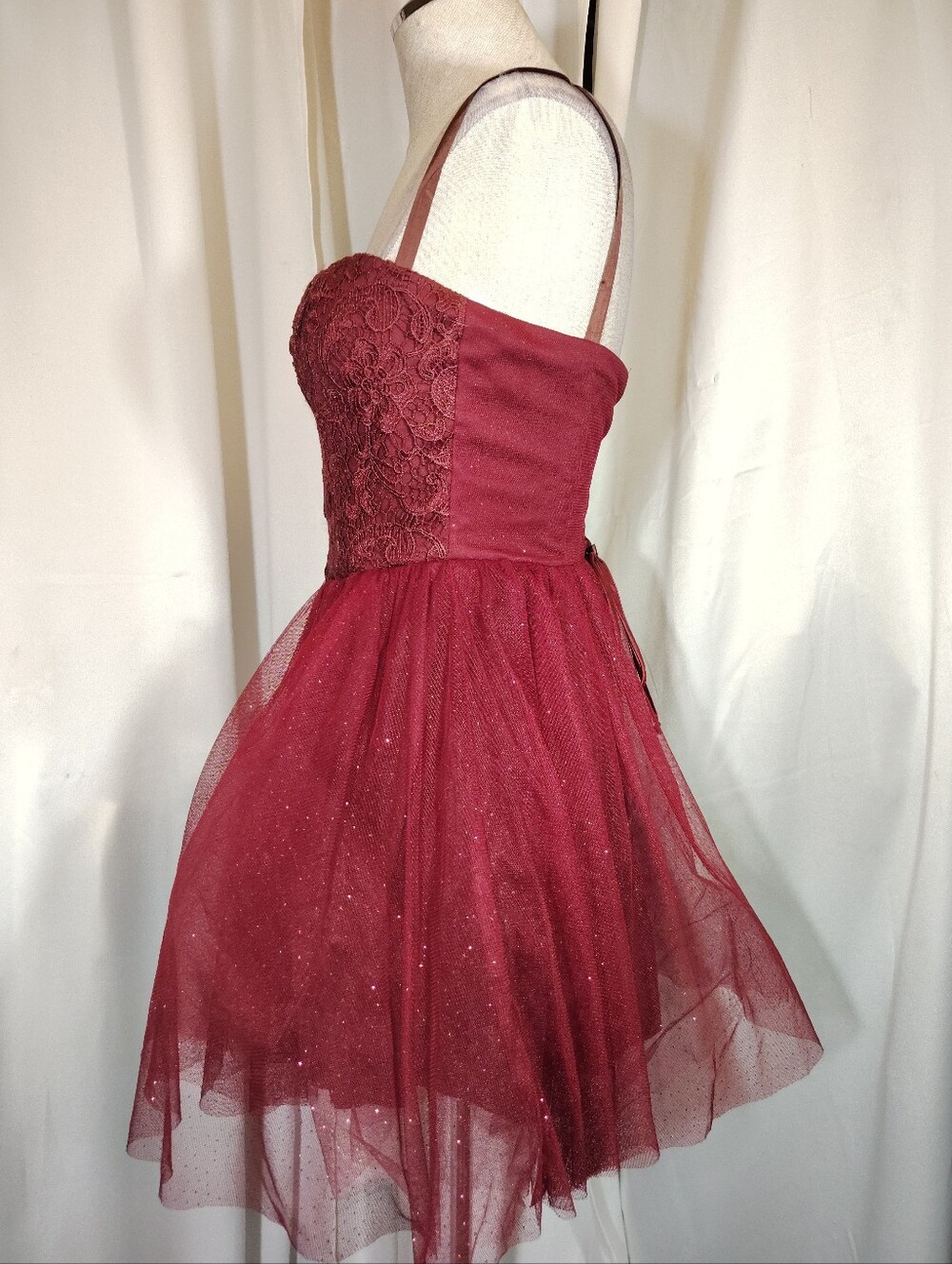 Masquerade Strapless Formal, Sparkles, Short burgundy Corset LaceUp Back, Lace,5 - Picture 5 of 13